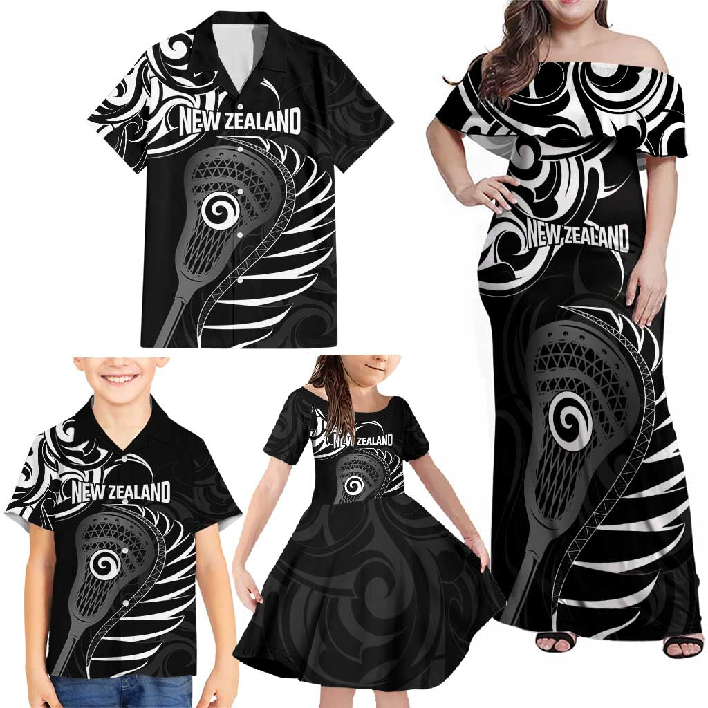 Personalised New Zealand Silver Fern Lacrosse Family Matching Off Shoulder Maxi Dress and Hawaiian Shirt Aotearoa Maori Pattern LT14 - Polynesian Pride