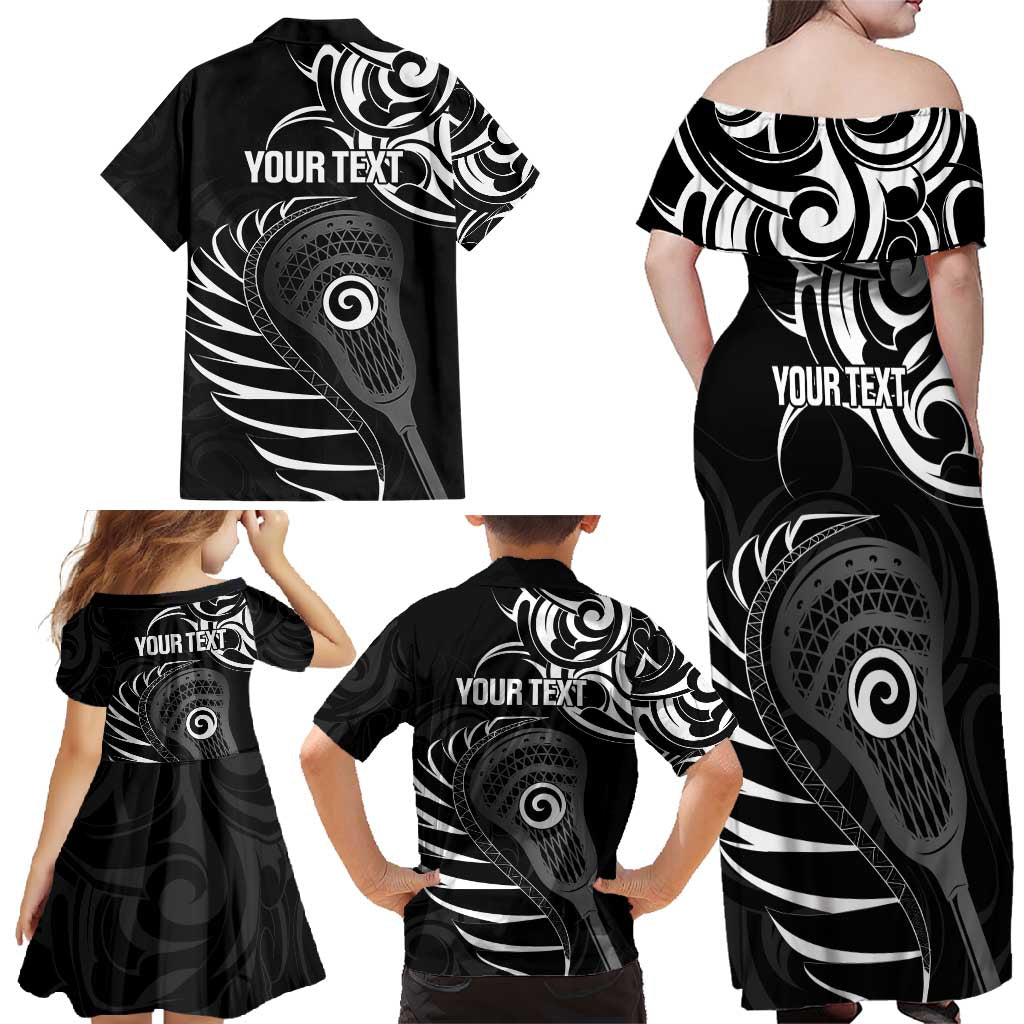 Personalised New Zealand Silver Fern Lacrosse Family Matching Off Shoulder Maxi Dress and Hawaiian Shirt Aotearoa Maori Pattern LT14 - Polynesian Pride