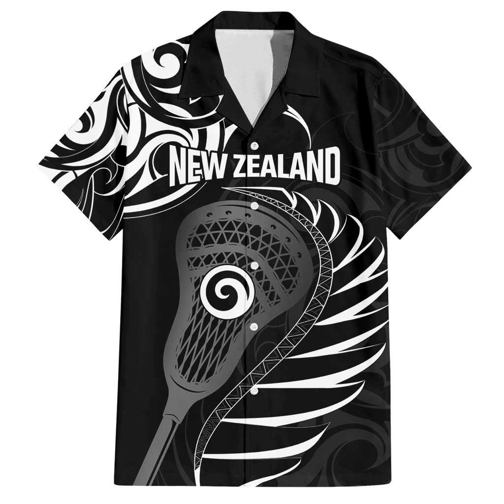 Personalised New Zealand Silver Fern Lacrosse Family Matching Off Shoulder Maxi Dress and Hawaiian Shirt Aotearoa Maori Pattern LT14 Dad's Shirt - Short Sleeve Black - Polynesian Pride