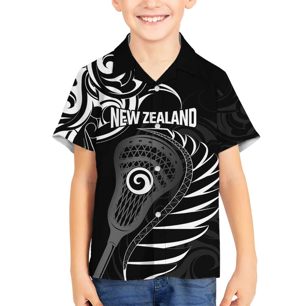 Personalised New Zealand Silver Fern Lacrosse Family Matching Off Shoulder Maxi Dress and Hawaiian Shirt Aotearoa Maori Pattern LT14 Son's Shirt Black - Polynesian Pride
