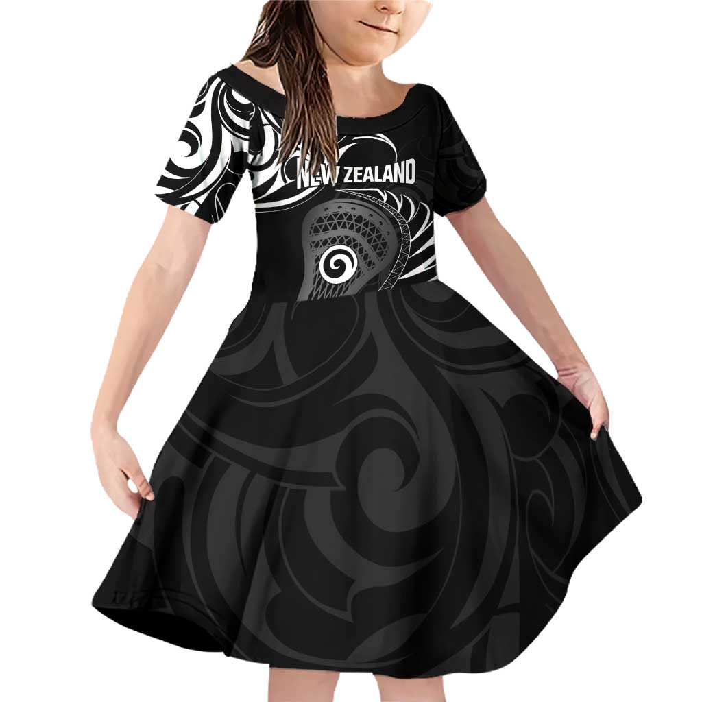 Personalised New Zealand Silver Fern Lacrosse Family Matching Off Shoulder Short Dress and Hawaiian Shirt Aotearoa Maori Pattern LT14 Daughter's Dress Black - Polynesian Pride