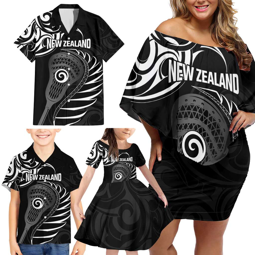 Personalised New Zealand Silver Fern Lacrosse Family Matching Off Shoulder Short Dress and Hawaiian Shirt Aotearoa Maori Pattern LT14 - Polynesian Pride