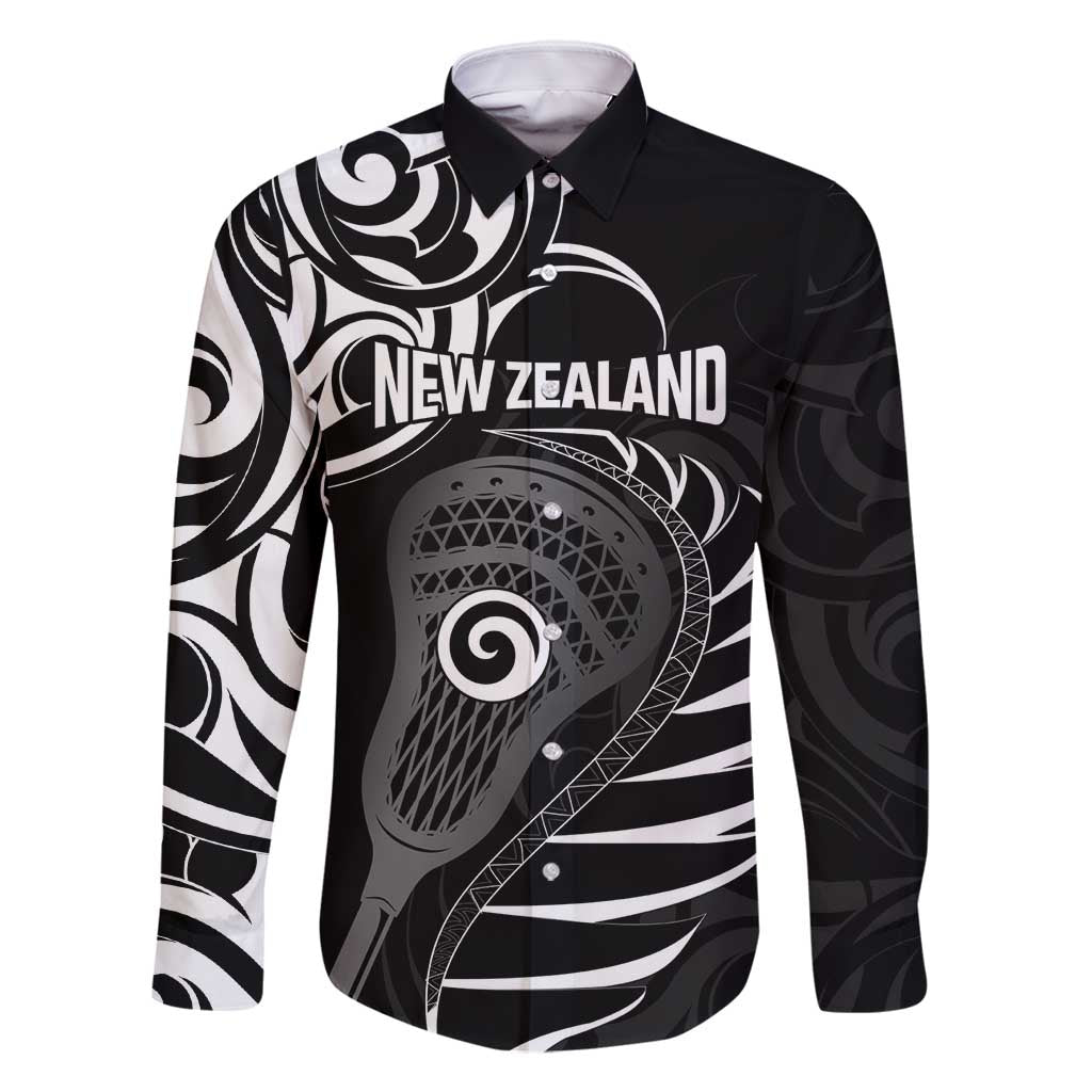 Personalised New Zealand Silver Fern Lacrosse Family Matching Off Shoulder Short Dress and Hawaiian Shirt Aotearoa Maori Pattern LT14 Dad's Shirt - Long Sleeve Black - Polynesian Pride