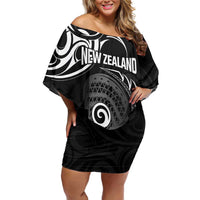 Personalised New Zealand Silver Fern Lacrosse Family Matching Off Shoulder Short Dress and Hawaiian Shirt Aotearoa Maori Pattern LT14 Mom's Dress Black - Polynesian Pride