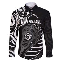 Personalised New Zealand Silver Fern Lacrosse Family Matching Puletasi and Hawaiian Shirt Aotearoa Maori Pattern LT14 Dad's Shirt - Long Sleeve Black - Polynesian Pride