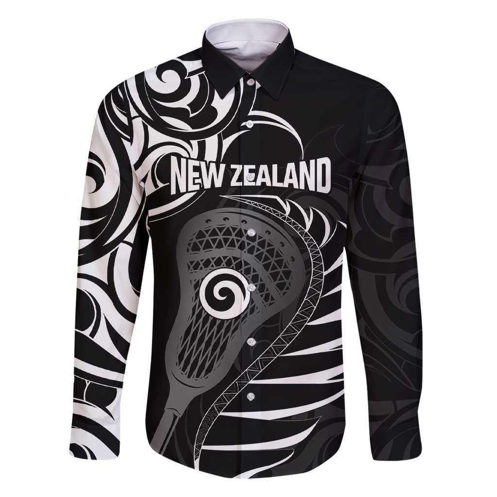 Personalised New Zealand Silver Fern Lacrosse Family Matching Short Sleeve Bodycon Dress and Hawaiian Shirt Aotearoa Maori Pattern LT14 Dad's Shirt - Long Sleeve Black - Polynesian Pride