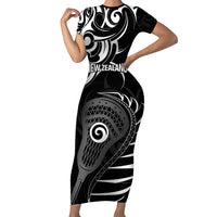 Personalised New Zealand Silver Fern Lacrosse Family Matching Short Sleeve Bodycon Dress and Hawaiian Shirt Aotearoa Maori Pattern LT14 Mom's Dress Black - Polynesian Pride