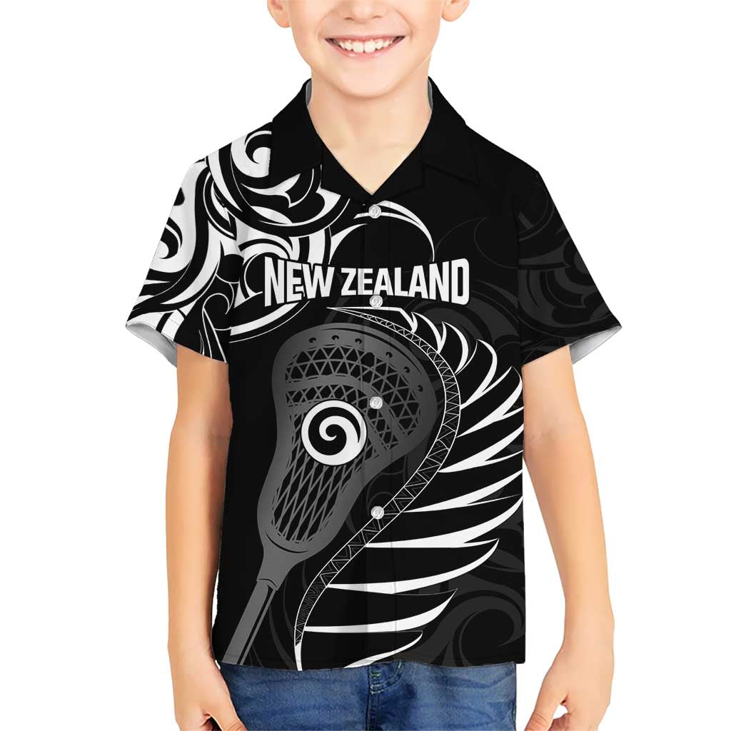 Personalised New Zealand Silver Fern Lacrosse Family Matching Short Sleeve Bodycon Dress and Hawaiian Shirt Aotearoa Maori Pattern LT14 Son's Shirt Black - Polynesian Pride