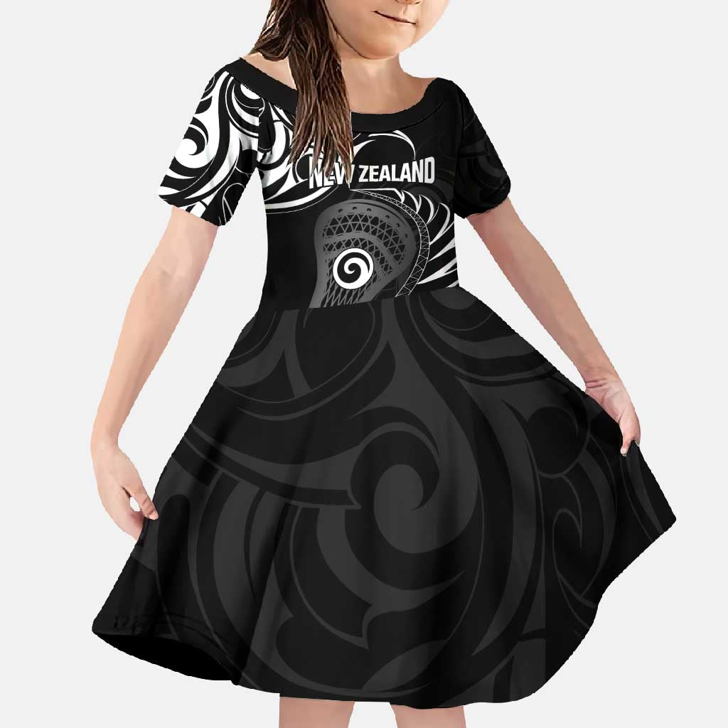 Personalised New Zealand Silver Fern Lacrosse Family Matching Summer Maxi Dress and Hawaiian Shirt Aotearoa Maori Pattern LT14 Daughter's Dress Black - Polynesian Pride