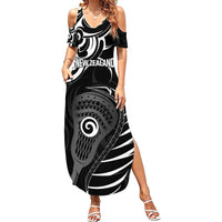 Personalised New Zealand Silver Fern Lacrosse Family Matching Summer Maxi Dress and Hawaiian Shirt Aotearoa Maori Pattern LT14 Mom's Dress Black - Polynesian Pride