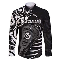 Personalised New Zealand Silver Fern Lacrosse Family Matching Tank Maxi Dress and Hawaiian Shirt Aotearoa Maori Pattern LT14 Dad's Shirt - Long Sleeve Black - Polynesian Pride