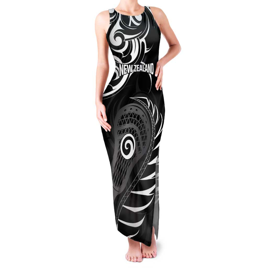 Personalised New Zealand Silver Fern Lacrosse Family Matching Tank Maxi Dress and Hawaiian Shirt Aotearoa Maori Pattern LT14 Mom's Dress Black - Polynesian Pride