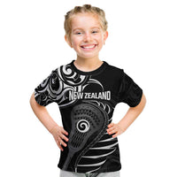 Personalised New Zealand Silver Fern Lacrosse Kid T Shirt Aotearoa Maori Pattern LT14 Black - Polynesian Pride