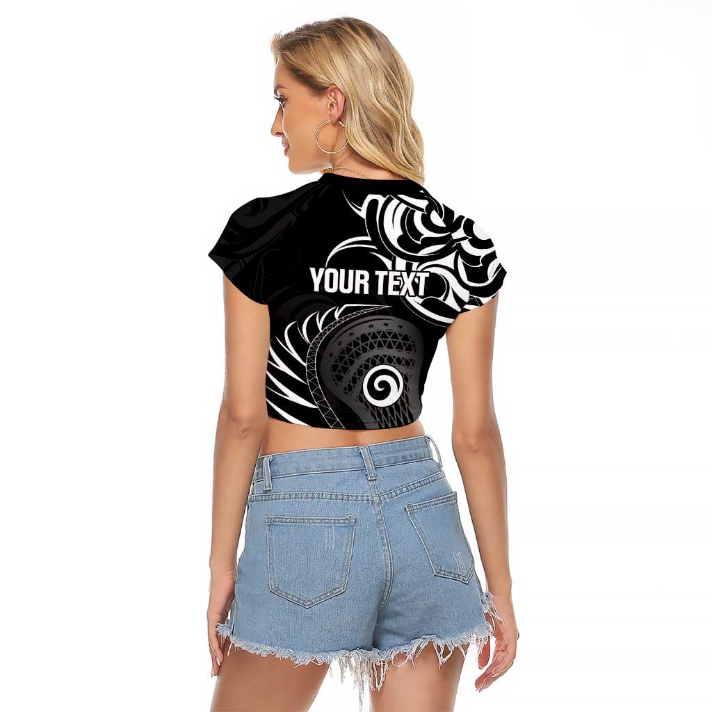 Personalised New Zealand Silver Fern Lacrosse Raglan Cropped T Shirt Aotearoa Maori Pattern