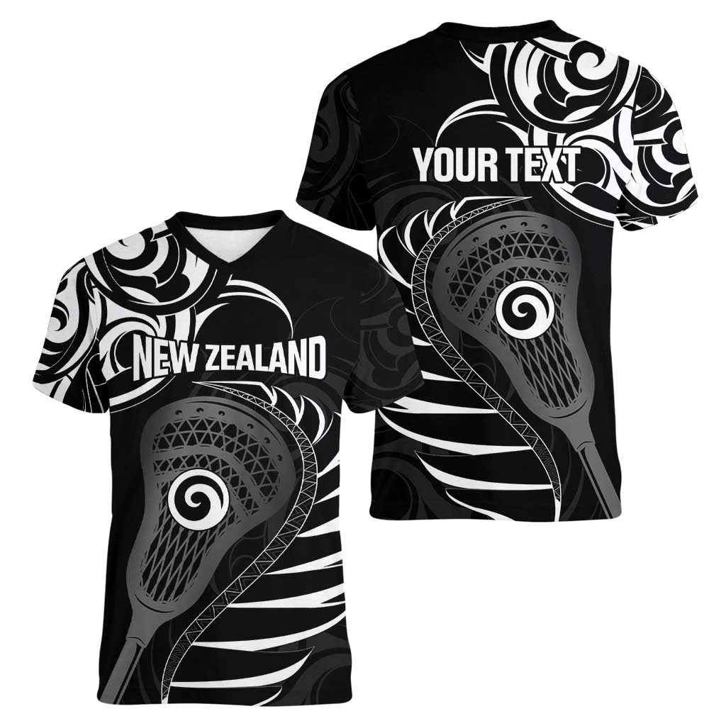 Personalised New Zealand Silver Fern Lacrosse Women V-Neck T-Shirt Aotearoa Maori Pattern