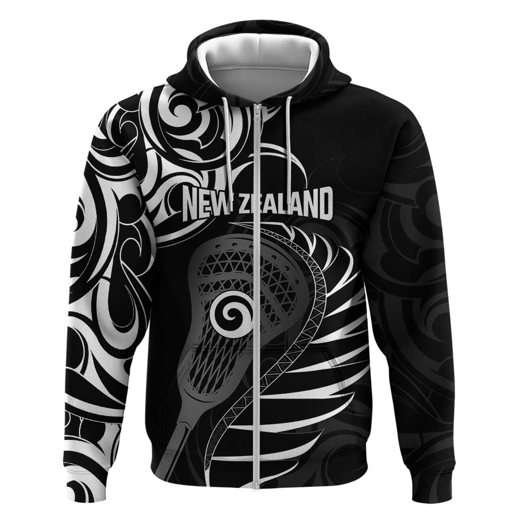 Personalised New Zealand Silver Fern Lacrosse Zip Hoodie Aotearoa Maori Pattern LT14 Zip Hoodie Black - Polynesian Pride