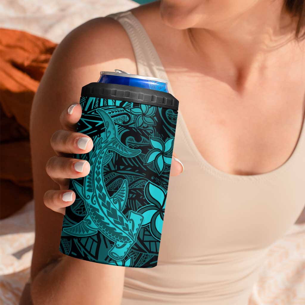 Polynesian 4 in 1 Can Cooler Tumbler Turquoise Hawaiian Tribal Hammerhead Shark