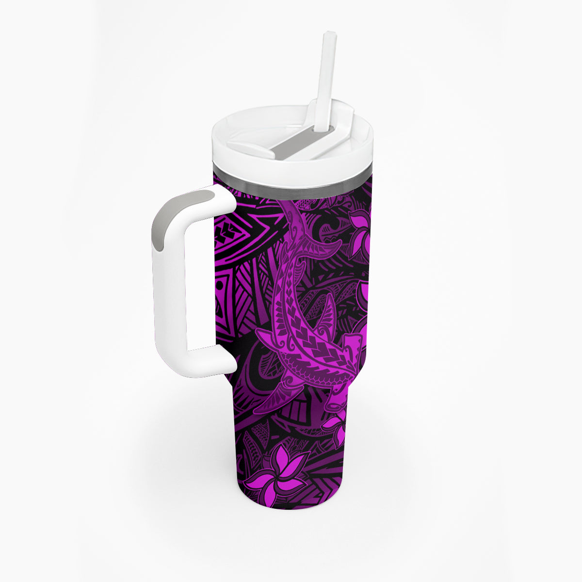Polynesian Tumbler With Handle Pink Hawaiian Tribal Hammerhead Shark