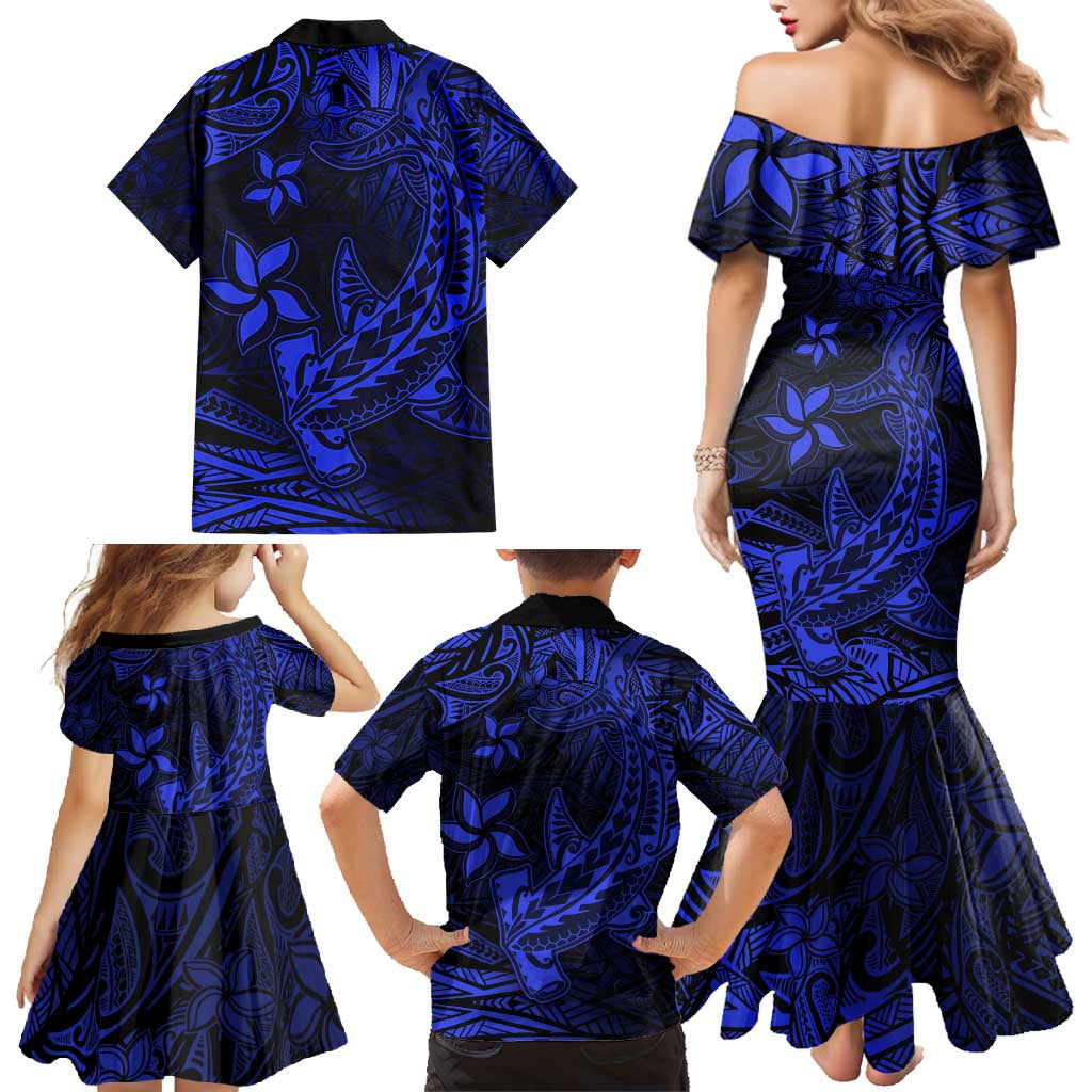 Blue Polynesian Family Matching Outfits Mermaid Dress And Hawaiian Shirt Tribal Hammerhead Shark LT14 - Polynesian Pride
