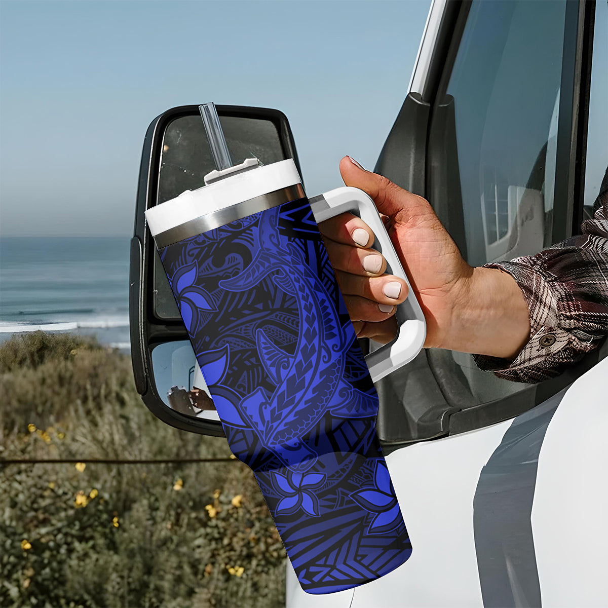 Polynesian Tumbler With Handle Blue Hawaiian Tribal Hammerhead Shark