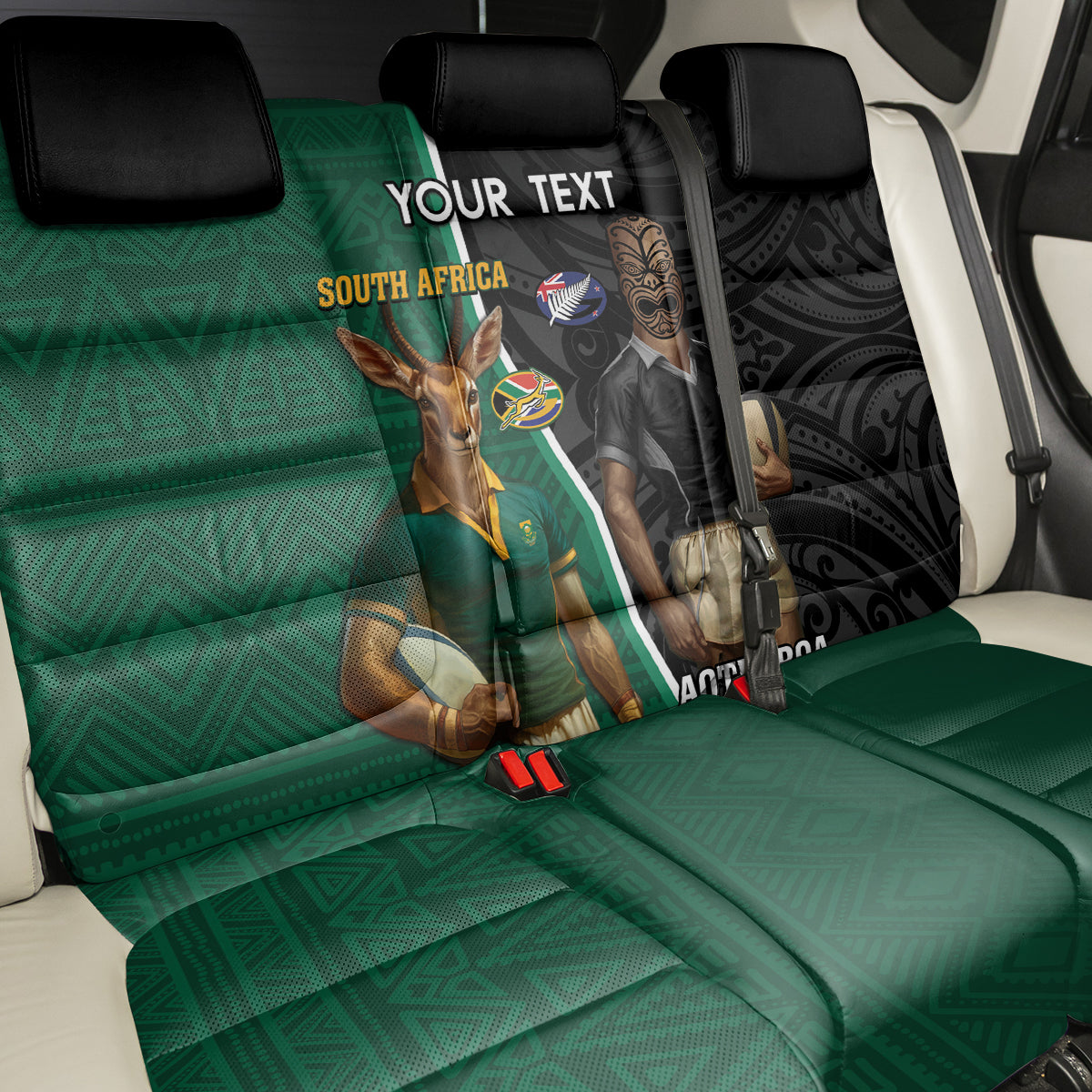 Personalised New Zealand And South Africa Rugby Back Car Seat Cover 2024 All Black Springboks Mascots Together LT14 - Polynesian Pride