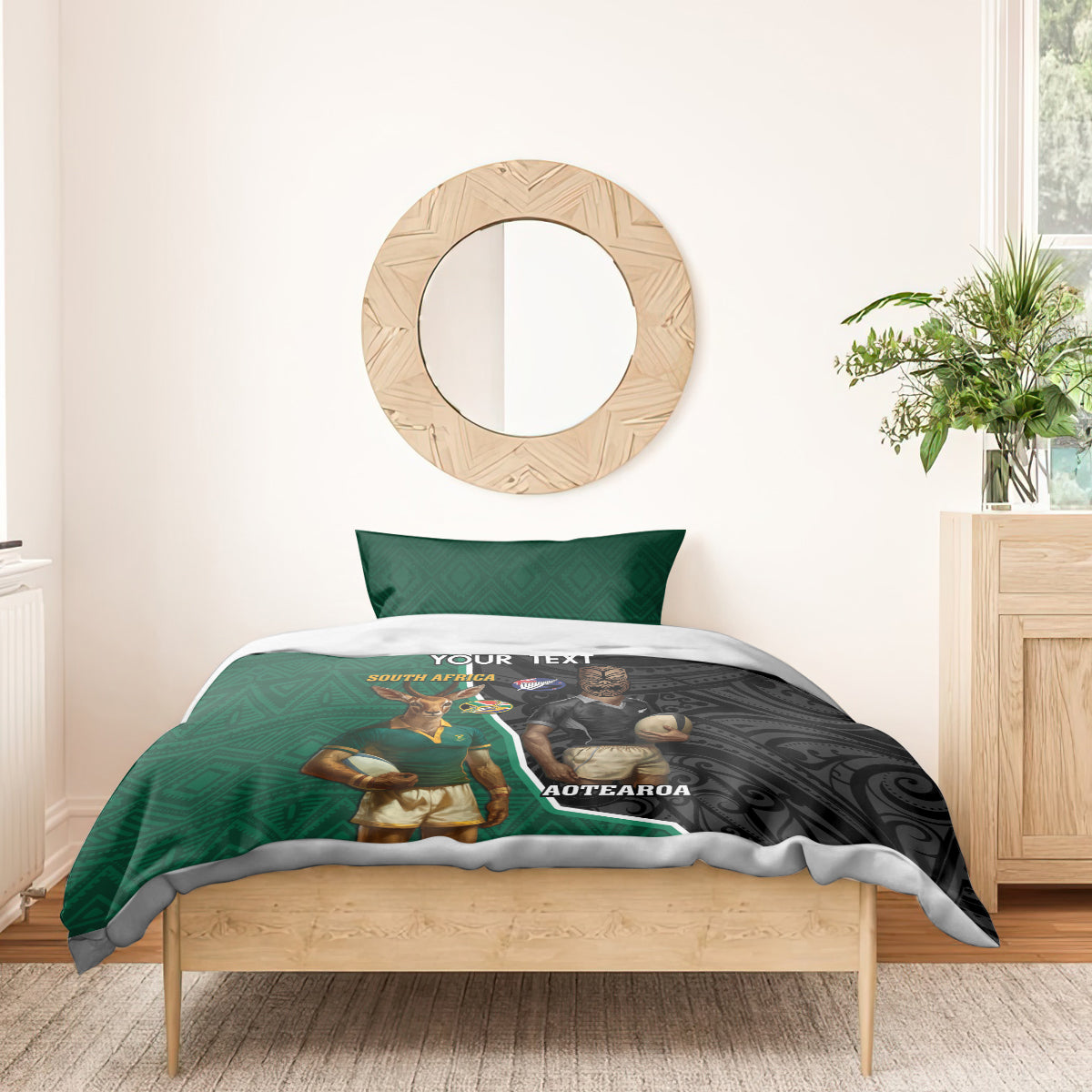 Personalised New Zealand And South Africa Rugby Bedding Set 2024 All Black Springboks Mascots Together