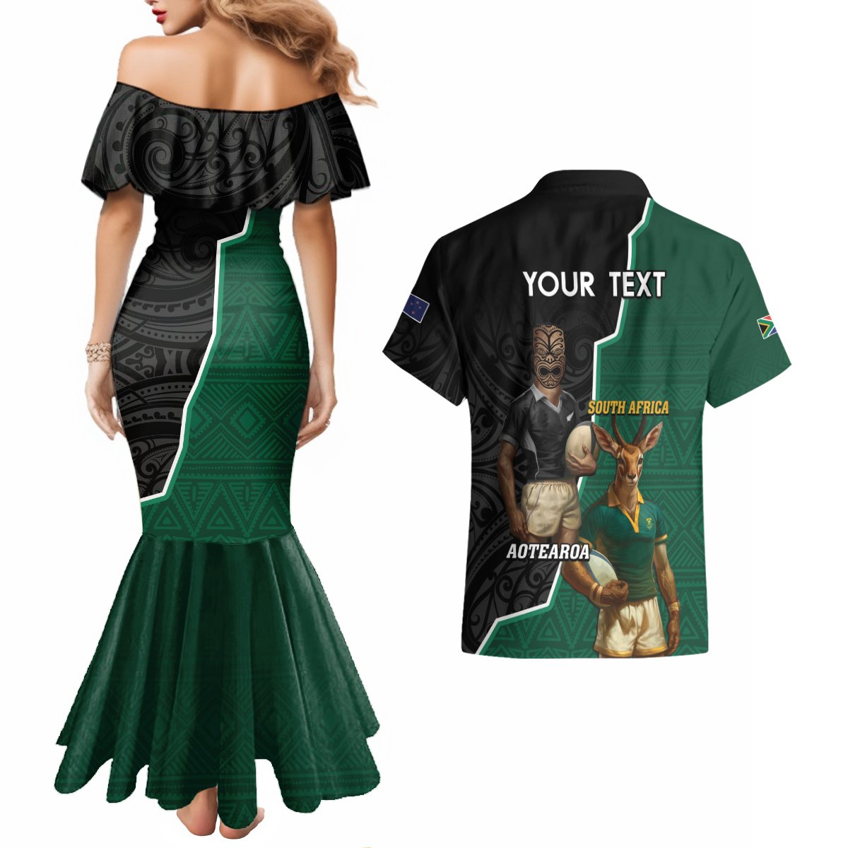 Personalised New Zealand And South Africa Rugby Couples Matching Mermaid Dress and Hawaiian Shirt 2024 All Black Springboks Mascots Together LT14 - Polynesian Pride