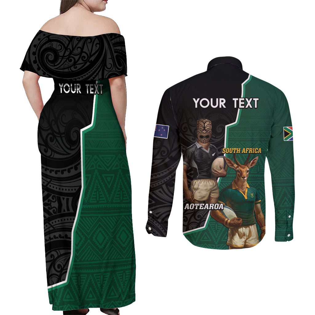 Personalised New Zealand And South Africa Rugby Couples Matching Off Shoulder Maxi Dress and Long Sleeve Button Shirt 2024 All Black Springboks Mascots Together LT14 - Polynesian Pride