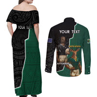 Personalised New Zealand And South Africa Rugby Couples Matching Off Shoulder Maxi Dress and Long Sleeve Button Shirt 2024 All Black Springboks Mascots Together LT14 - Polynesian Pride