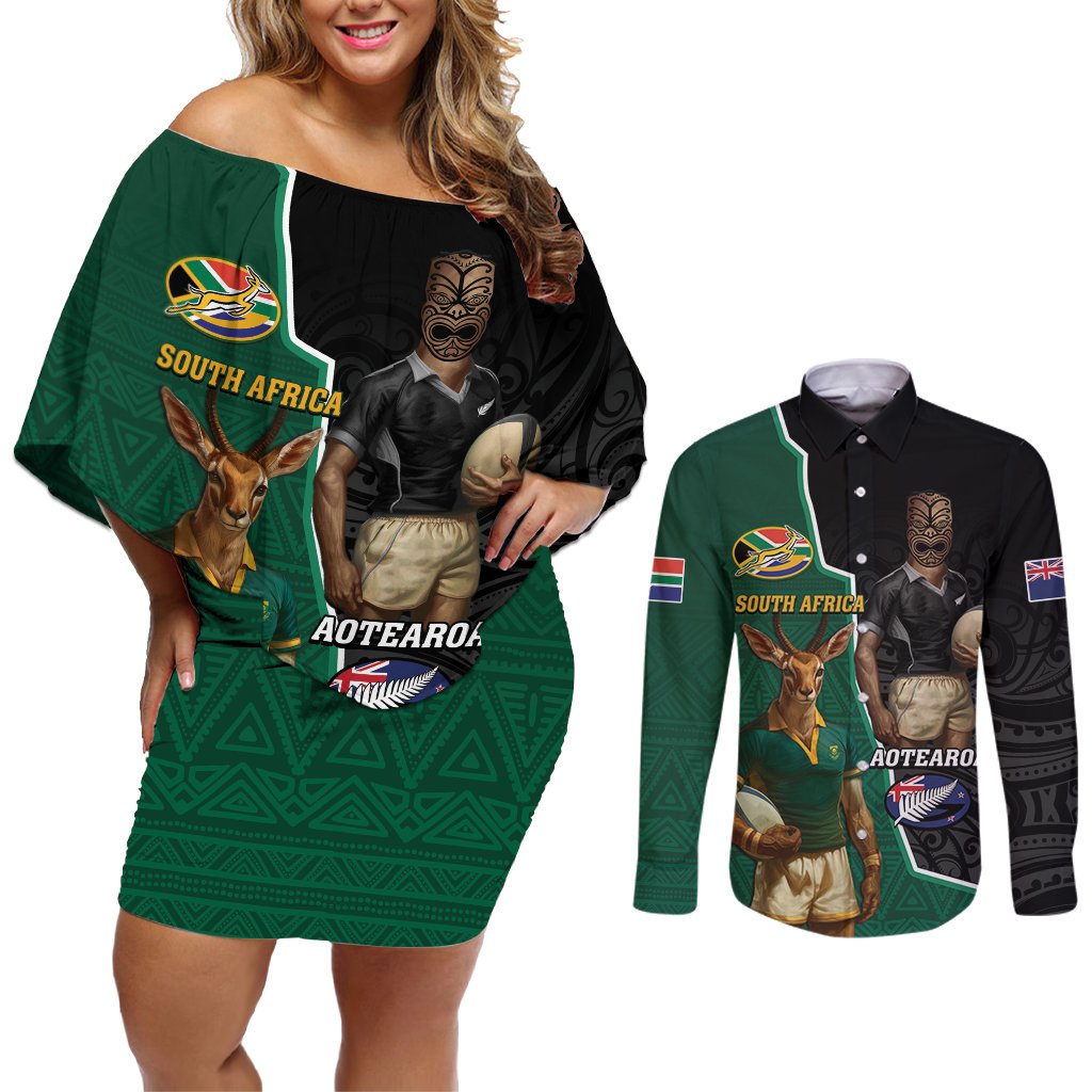 Personalised New Zealand And South Africa Rugby Couples Matching Off Shoulder Short Dress and Long Sleeve Button Shirt 2024 All Black Springboks Mascots Together LT14 Green - Polynesian Pride