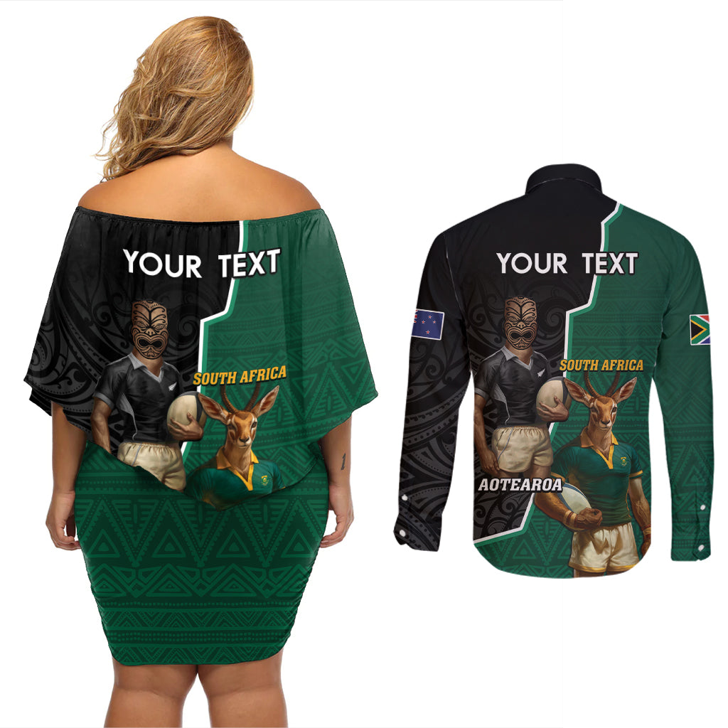 Personalised New Zealand And South Africa Rugby Couples Matching Off Shoulder Short Dress and Long Sleeve Button Shirt 2024 All Black Springboks Mascots Together LT14 - Polynesian Pride