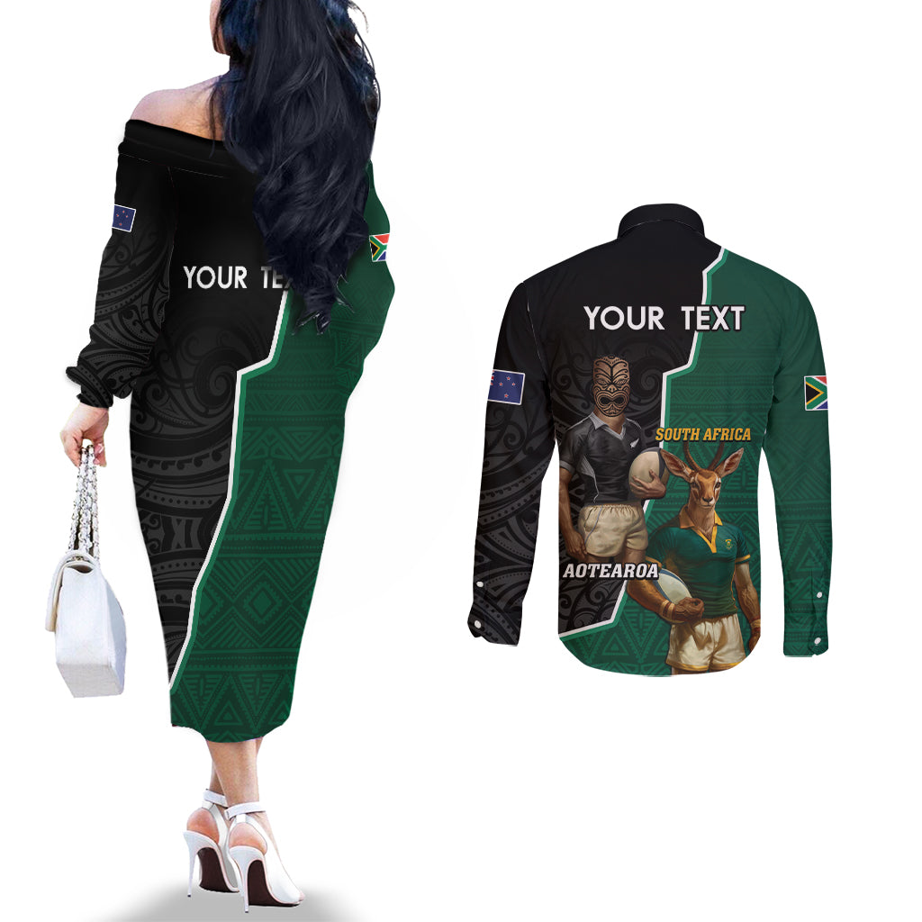 Personalised New Zealand And South Africa Rugby Couples Matching Off The Shoulder Long Sleeve Dress and Long Sleeve Button Shirt 2024 All Black Springboks Mascots Together LT14 - Polynesian Pride