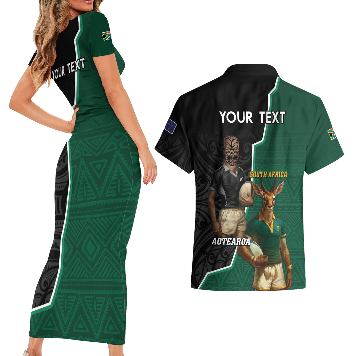Personalised New Zealand And South Africa Rugby Couples Matching Short Sleeve Bodycon Dress and Hawaiian Shirt 2024 All Black Springboks Mascots Together LT14 - Polynesian Pride