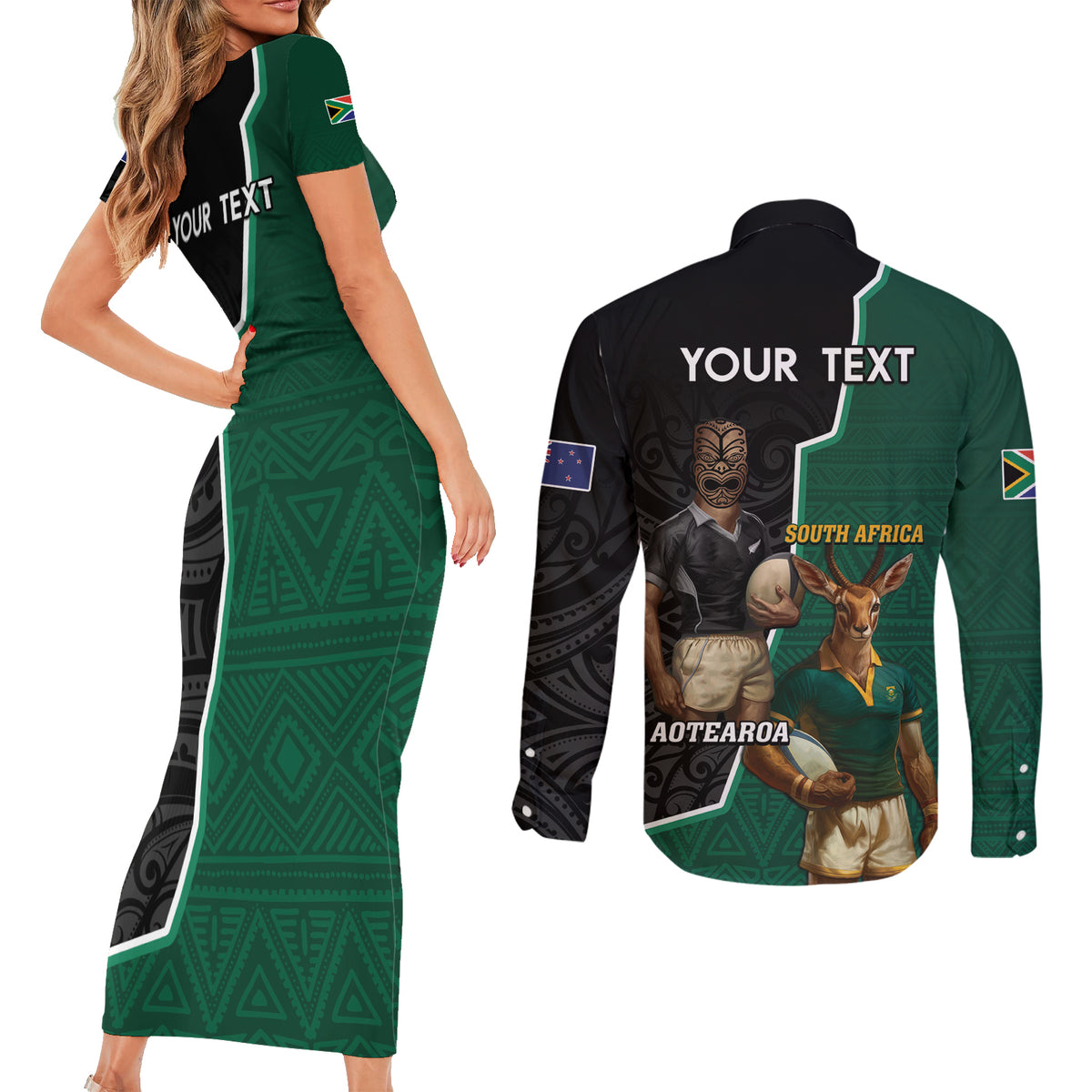 Personalised New Zealand And South Africa Rugby Couples Matching Short Sleeve Bodycon Dress and Long Sleeve Button Shirt 2024 All Black Springboks Mascots Together LT14 - Polynesian Pride