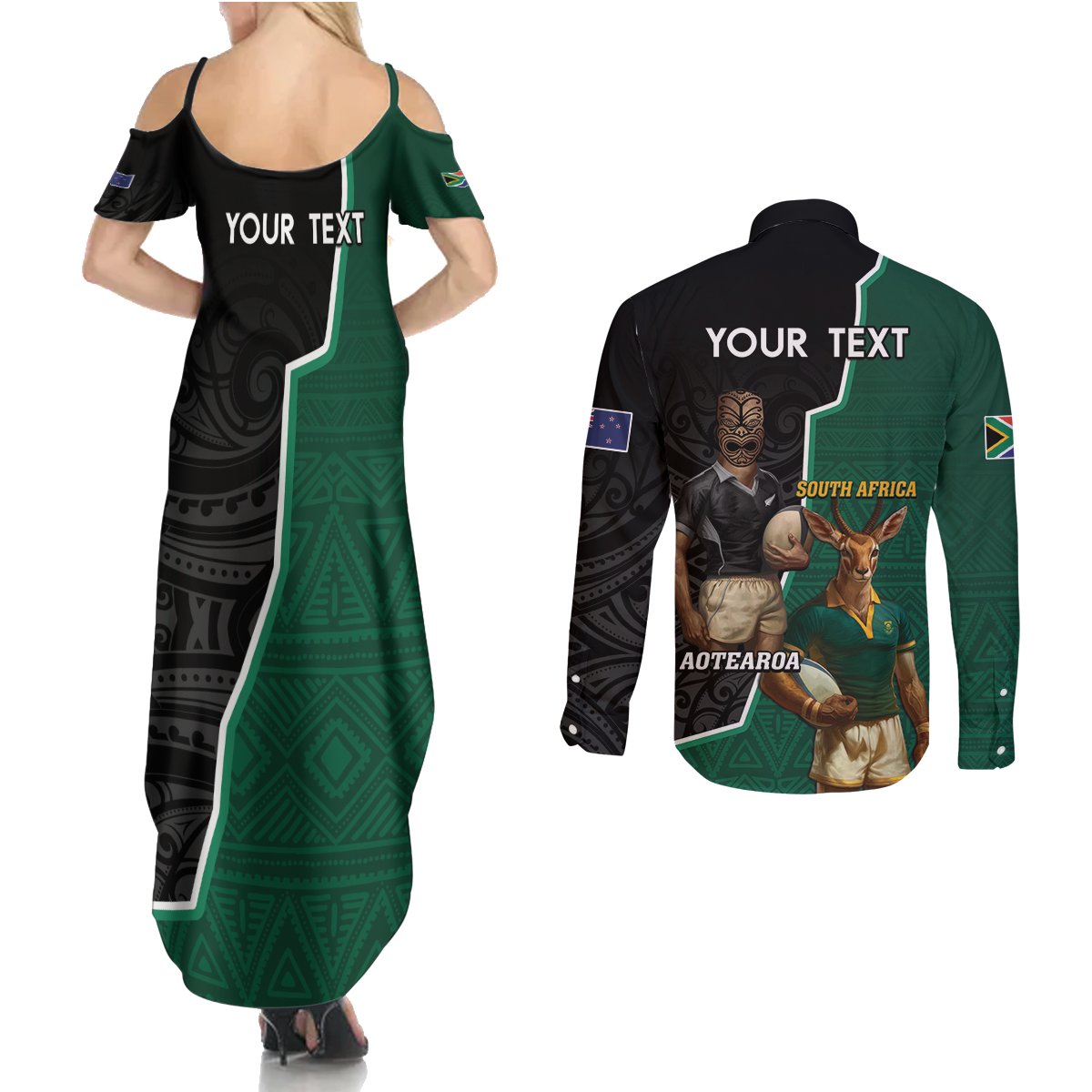 Personalised New Zealand And South Africa Rugby Couples Matching Summer Maxi Dress and Long Sleeve Button Shirt 2024 All Black Springboks Mascots Together LT14 - Polynesian Pride
