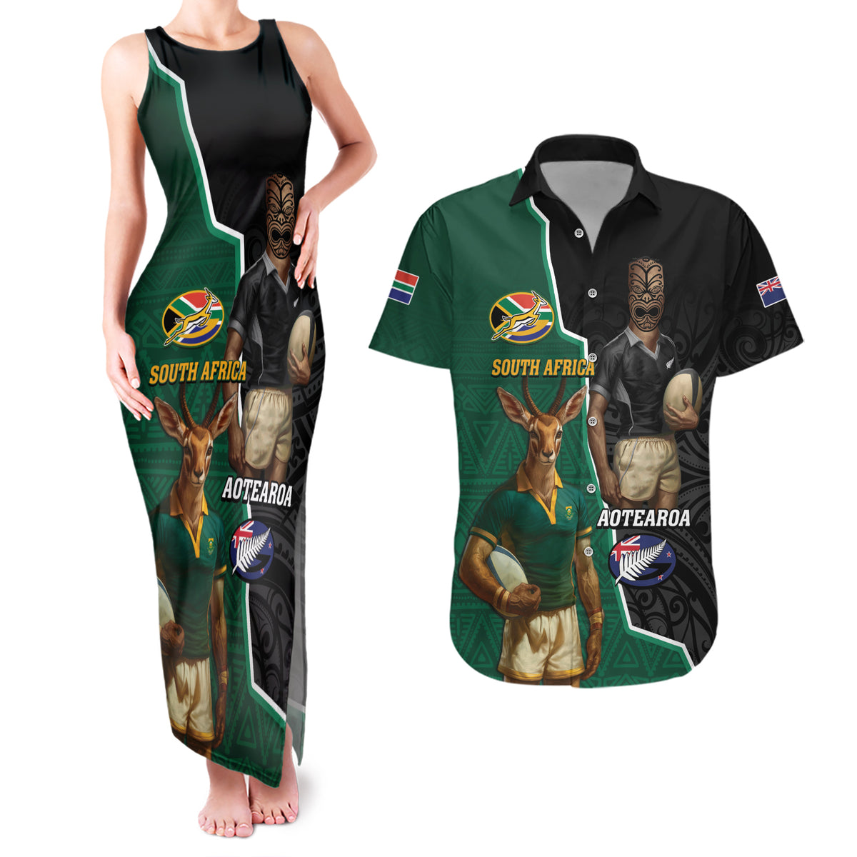 Personalised New Zealand And South Africa Rugby Couples Matching Tank Maxi Dress and Hawaiian Shirt 2024 All Black Springboks Mascots Together LT14 Green - Polynesian Pride