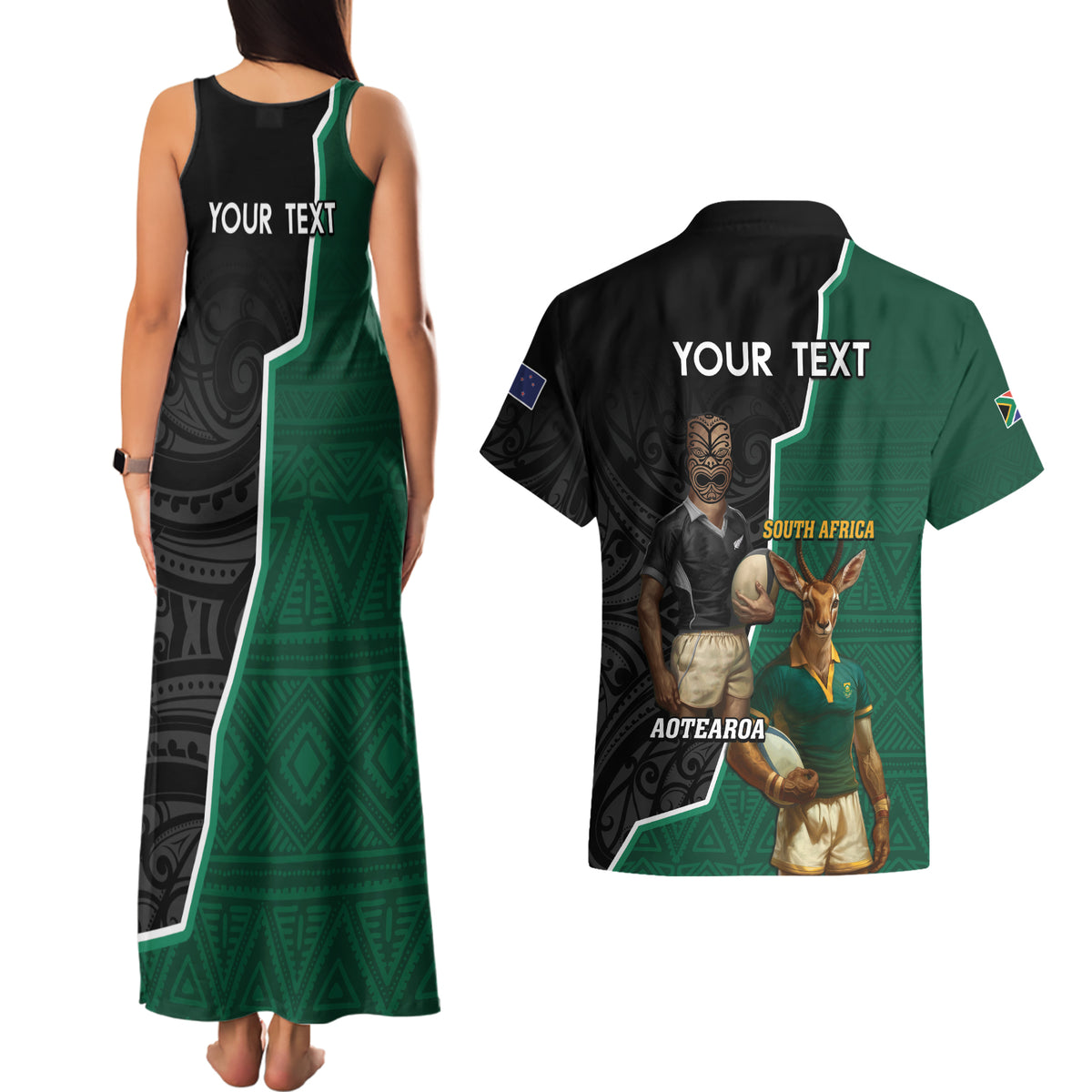 Personalised New Zealand And South Africa Rugby Couples Matching Tank Maxi Dress and Hawaiian Shirt 2024 All Black Springboks Mascots Together LT14 - Polynesian Pride