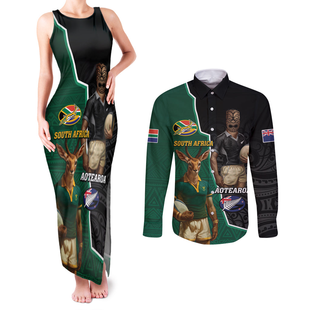 Personalised New Zealand And South Africa Rugby Couples Matching Tank Maxi Dress and Long Sleeve Button Shirt 2024 All Black Springboks Mascots Together LT14 Green - Polynesian Pride
