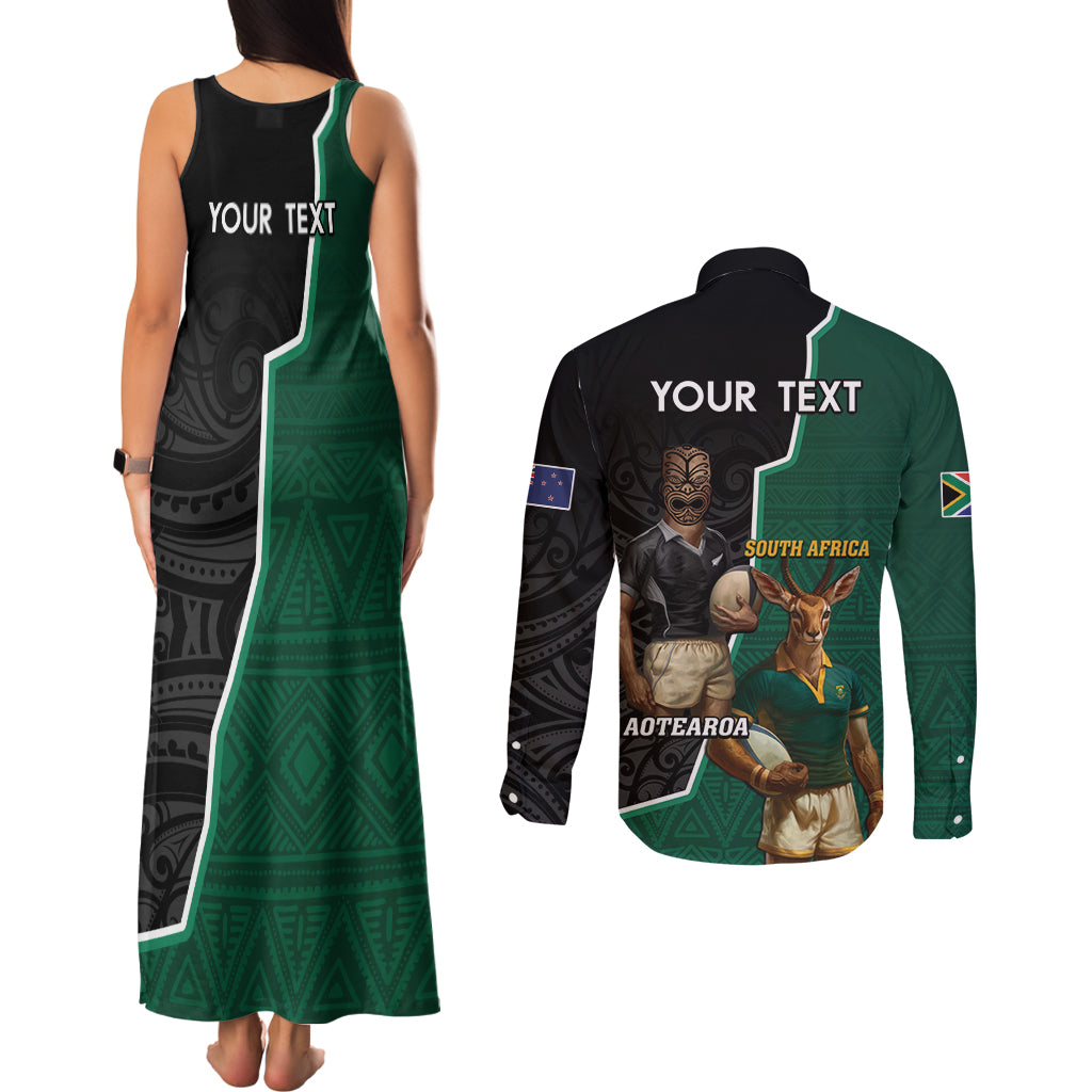 Personalised New Zealand And South Africa Rugby Couples Matching Tank Maxi Dress and Long Sleeve Button Shirt 2024 All Black Springboks Mascots Together LT14 - Polynesian Pride