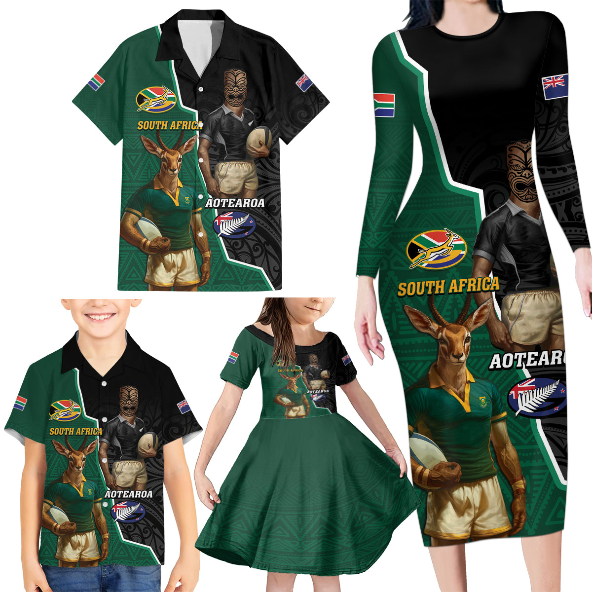 Personalised New Zealand And South Africa Rugby Family Matching Long Sleeve Bodycon Dress and Hawaiian Shirt 2024 All Black Springboks Mascots Together LT14 - Polynesian Pride