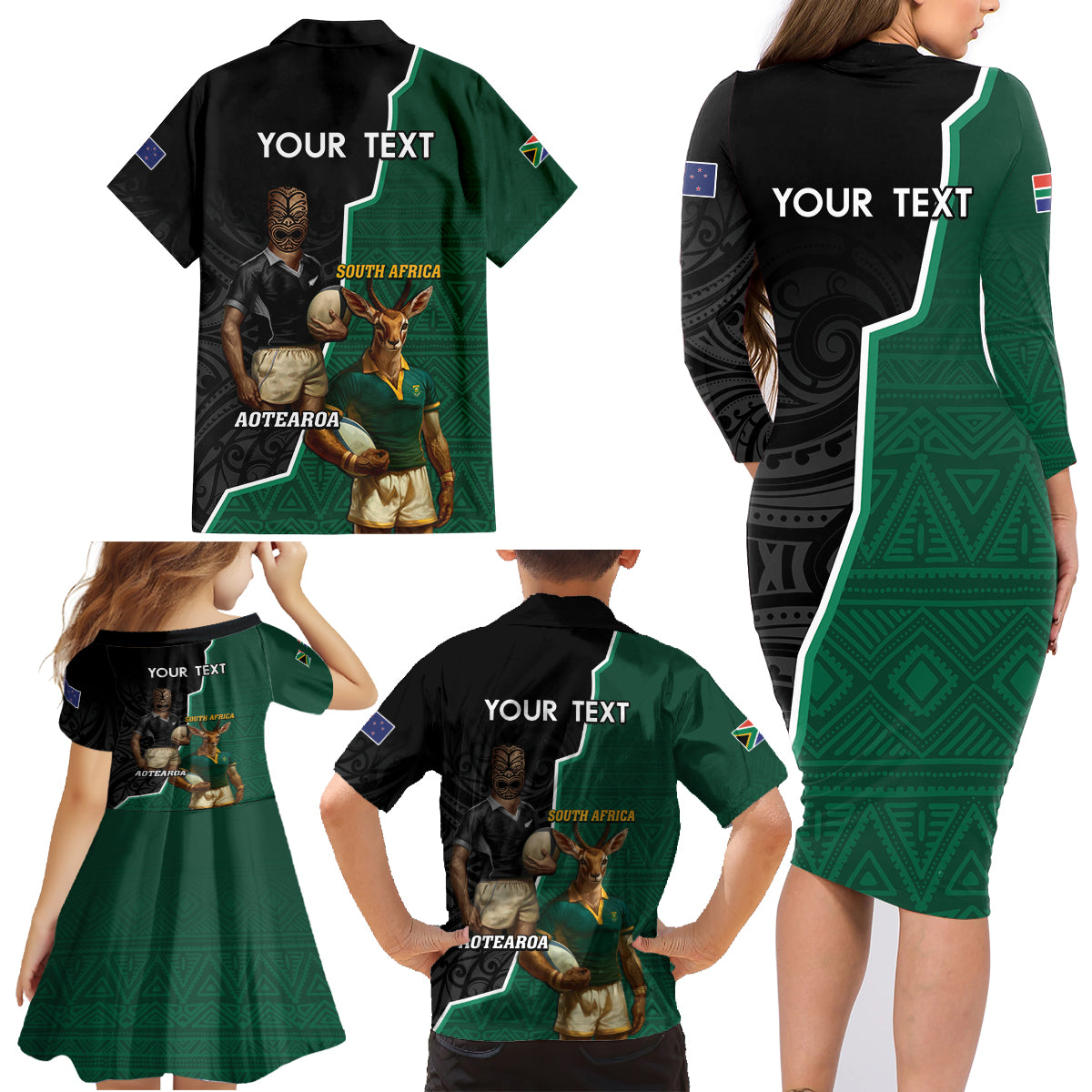 Personalised New Zealand And South Africa Rugby Family Matching Long Sleeve Bodycon Dress and Hawaiian Shirt 2024 All Black Springboks Mascots Together LT14 - Polynesian Pride