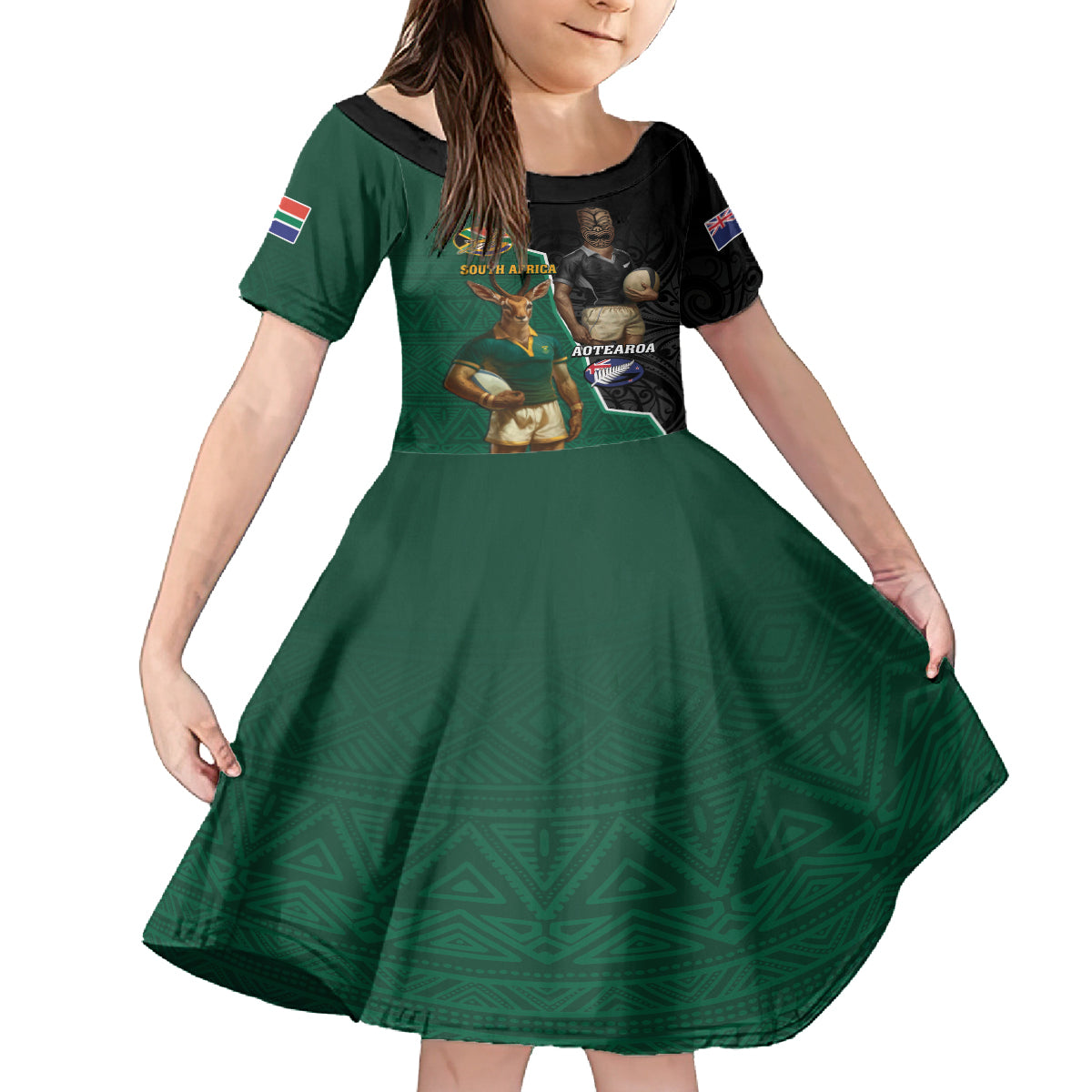 Personalised New Zealand And South Africa Rugby Family Matching Off The Shoulder Long Sleeve Dress and Hawaiian Shirt 2024 All Black Springboks Mascots Together LT14 Daughter's Dress Green - Polynesian Pride