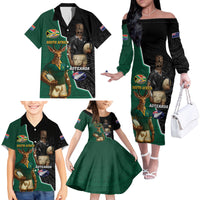 Personalised New Zealand And South Africa Rugby Family Matching Off The Shoulder Long Sleeve Dress and Hawaiian Shirt 2024 All Black Springboks Mascots Together LT14 - Polynesian Pride