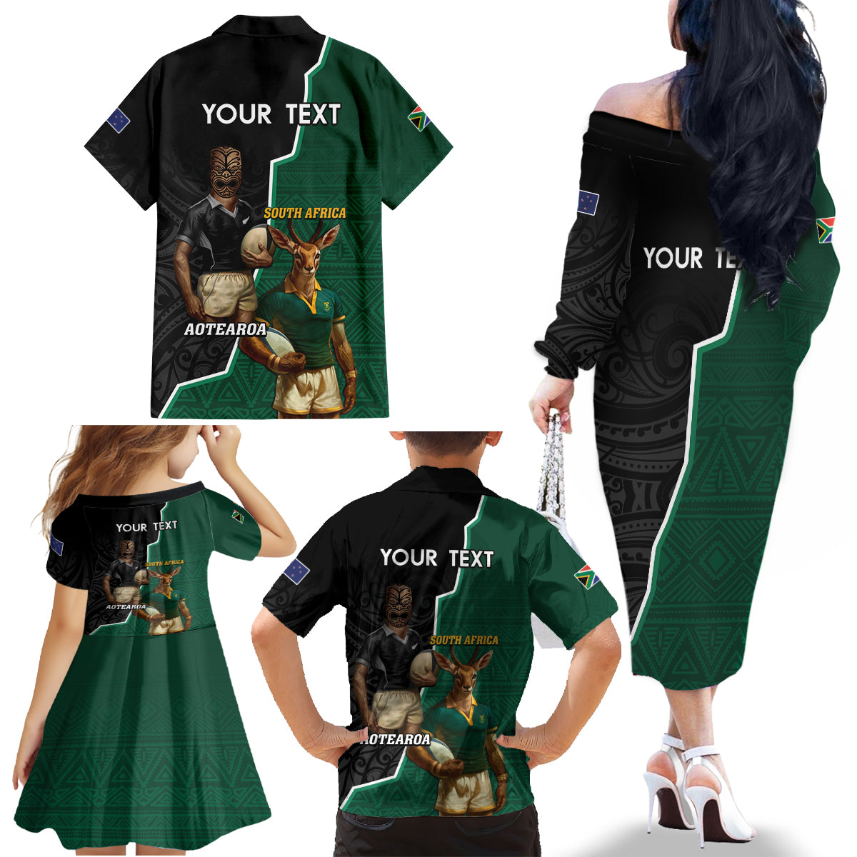 Personalised New Zealand And South Africa Rugby Family Matching Off The Shoulder Long Sleeve Dress and Hawaiian Shirt 2024 All Black Springboks Mascots Together LT14 - Polynesian Pride