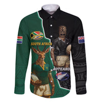 Personalised New Zealand And South Africa Rugby Family Matching Off The Shoulder Long Sleeve Dress and Hawaiian Shirt 2024 All Black Springboks Mascots Together LT14 Dad's Shirt - Long Sleeve Green - Polynesian Pride