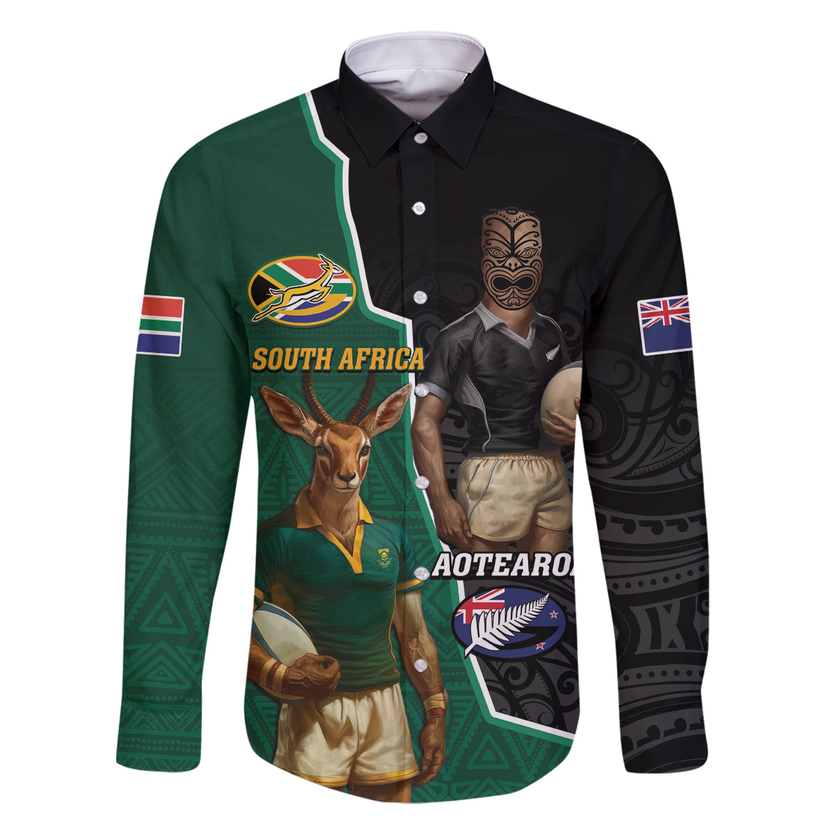 Personalised New Zealand And South Africa Rugby Family Matching Off Shoulder Maxi Dress and Hawaiian Shirt 2024 All Black Springboks Mascots Together LT14 Dad's Shirt - Long Sleeve Green - Polynesian Pride