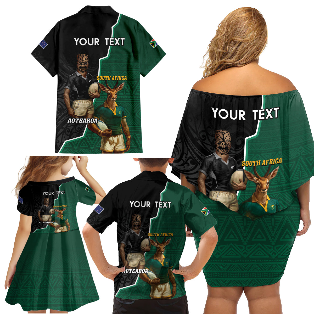 Personalised New Zealand And South Africa Rugby Family Matching Off Shoulder Short Dress and Hawaiian Shirt 2024 All Black Springboks Mascots Together LT14 - Polynesian Pride