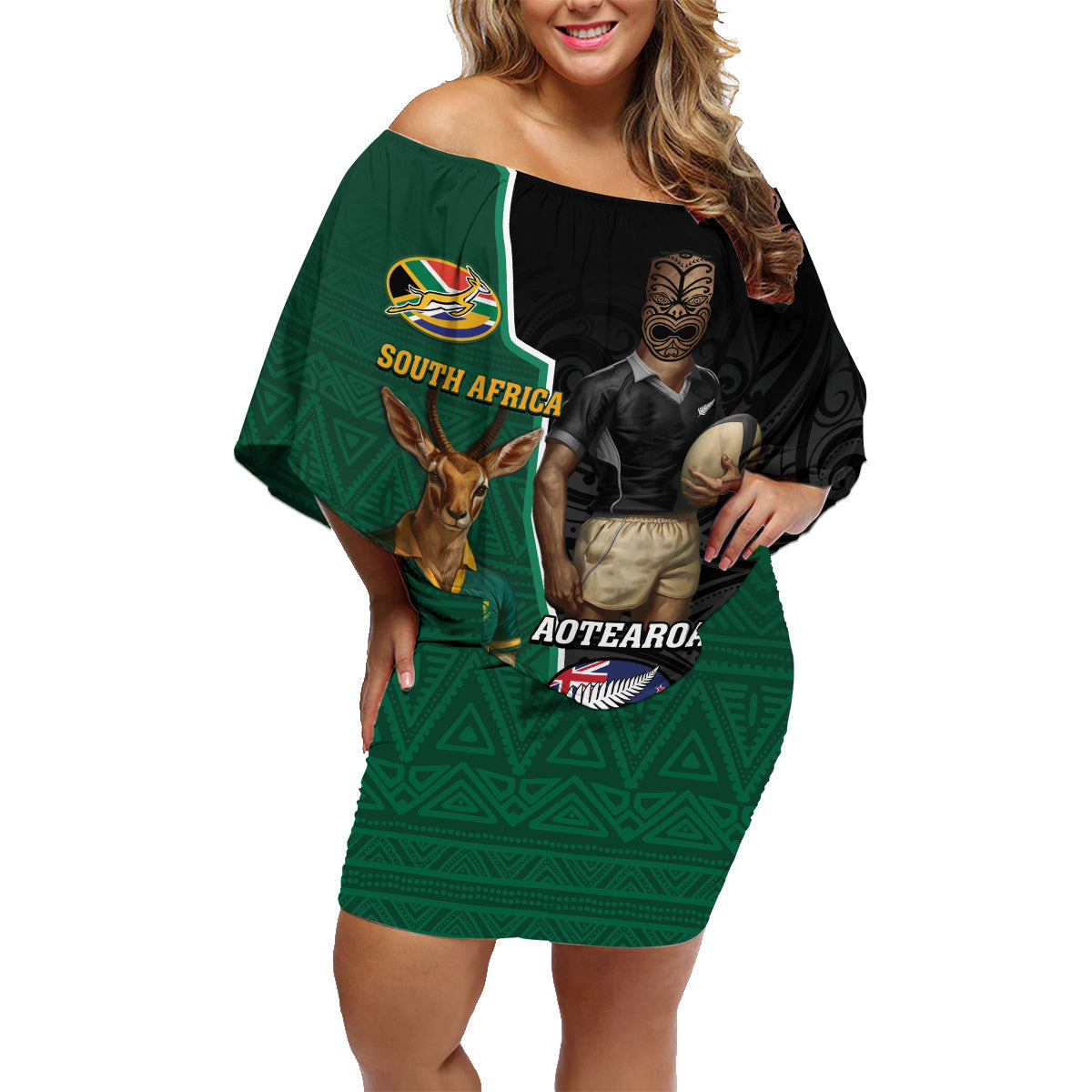 Personalised New Zealand And South Africa Rugby Family Matching Off Shoulder Short Dress and Hawaiian Shirt 2024 All Black Springboks Mascots Together LT14 Mom's Dress Green - Polynesian Pride