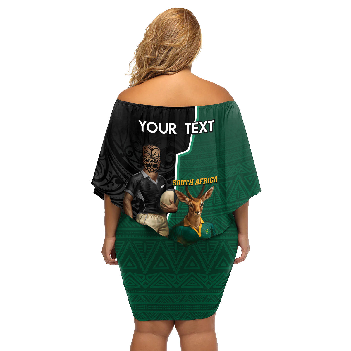 Personalised New Zealand And South Africa Rugby Family Matching Off Shoulder Short Dress and Hawaiian Shirt 2024 All Black Springboks Mascots Together LT14 - Polynesian Pride