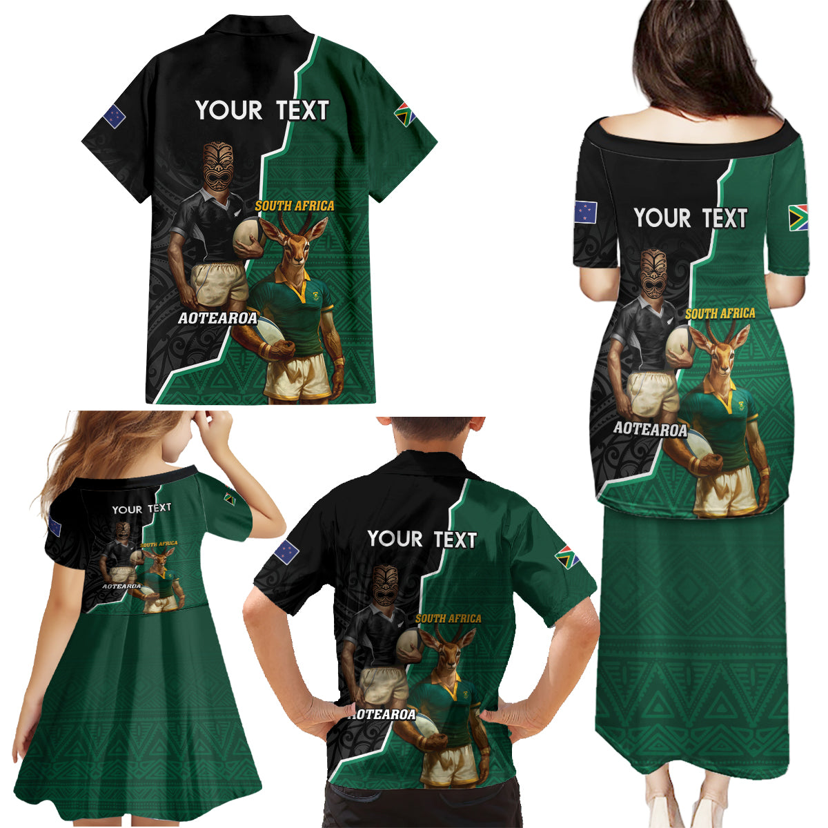 Personalised New Zealand And South Africa Rugby Family Matching Puletasi and Hawaiian Shirt 2024 All Black Springboks Mascots Together LT14 - Polynesian Pride
